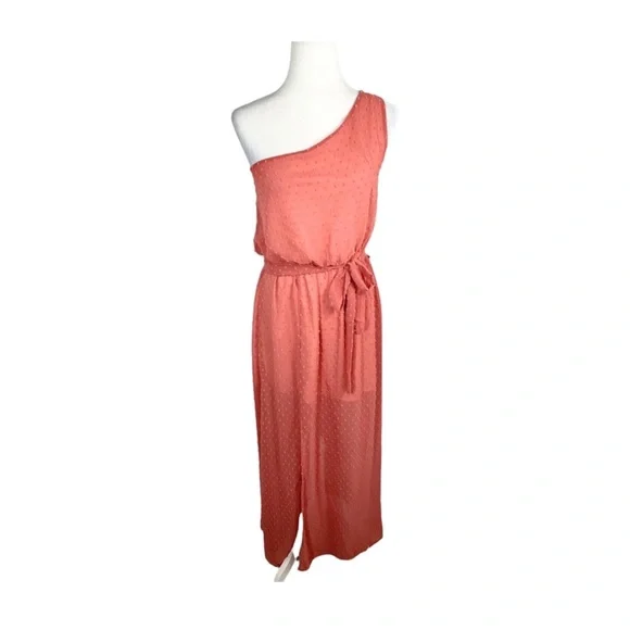 Peach Love California One Shoulder Dusty Rose Swiss Dot  Maxi Dress - Picture 3 of 5